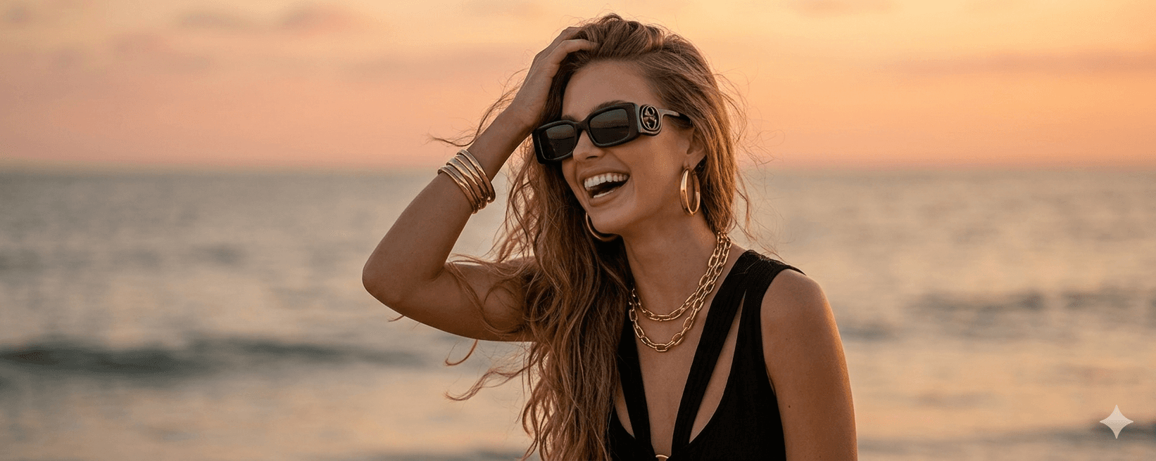 Modelo MAL DE OJO usando lentes Gucci al atardecer